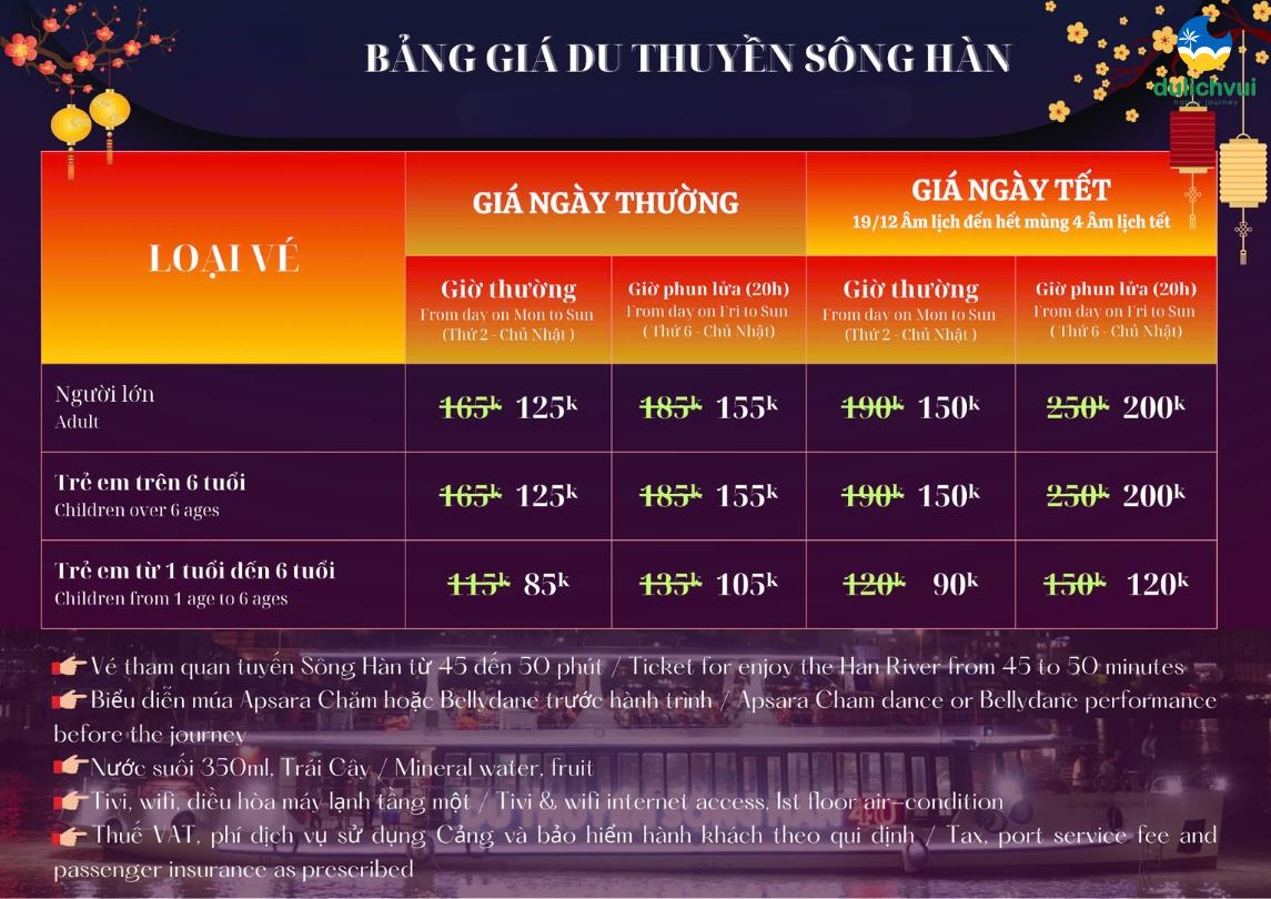 Bảng giá vé du thuyền sông Hàn 