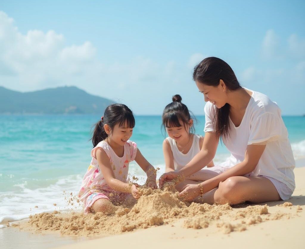 Chơi trên cát ngoài bãi biển cùng trẻ nhỏ cũng là một hoạt động thú vị 